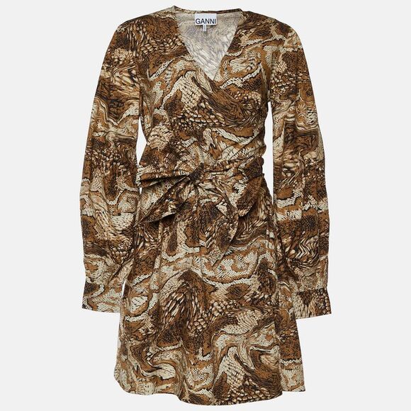 Ganni Brown Abstract Print Poplin Wrap Dress S